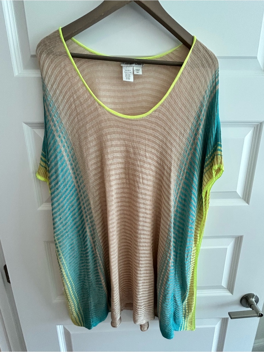 Coldwater Creek Linen Blend Coverup Tan Blue Neon Yellow Trim Size M/L